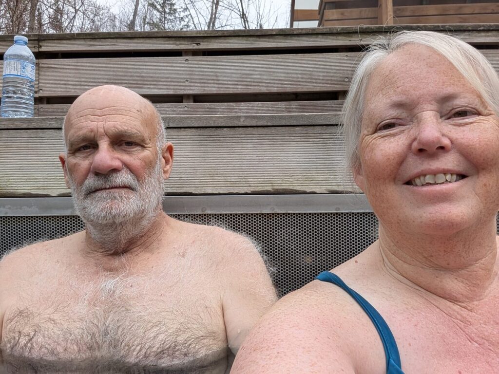 Phyllis and Mike soaking at Liard Hot Springs on the Alaska Highway