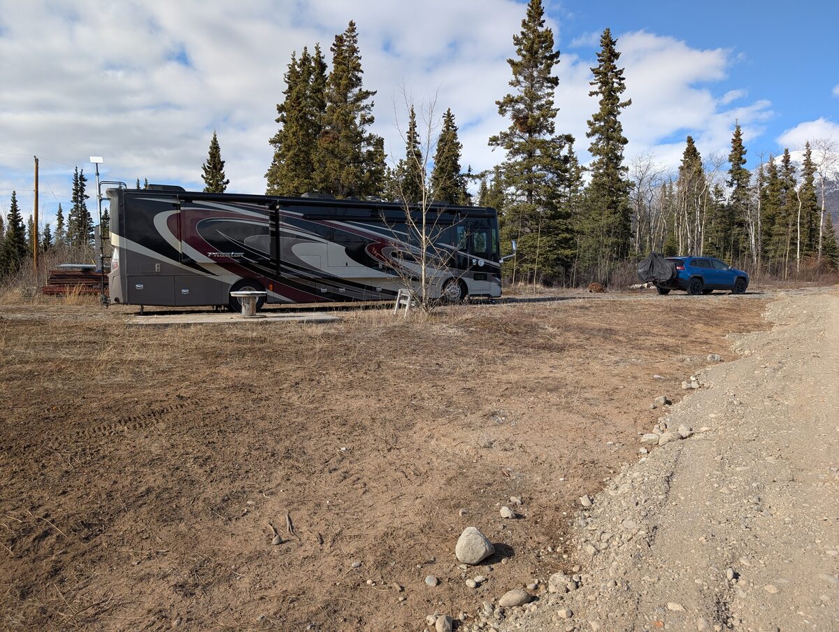 Parked at Canyon Country Farms, Harvest Host near Haines Junction Yukon with snowy mountains