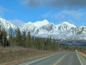 Snow-capped mountains along the Alaska Highway in the Yukon between Haines Junction and Tok