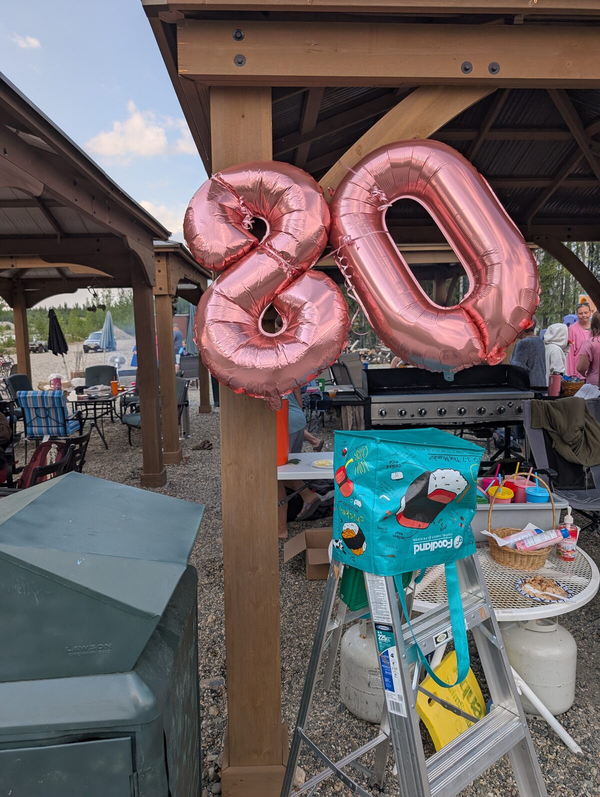 Rose gold "80" balloon numbers at Sherry Gates' outdoor birthday celebration Salcha, Alaska