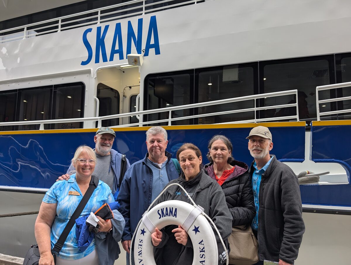 Group photo in front of the Skana whale watching vessel at Seward, Alaska - Left to Right Phyllis, Mike, Joe, Debra, Vicky, Keith