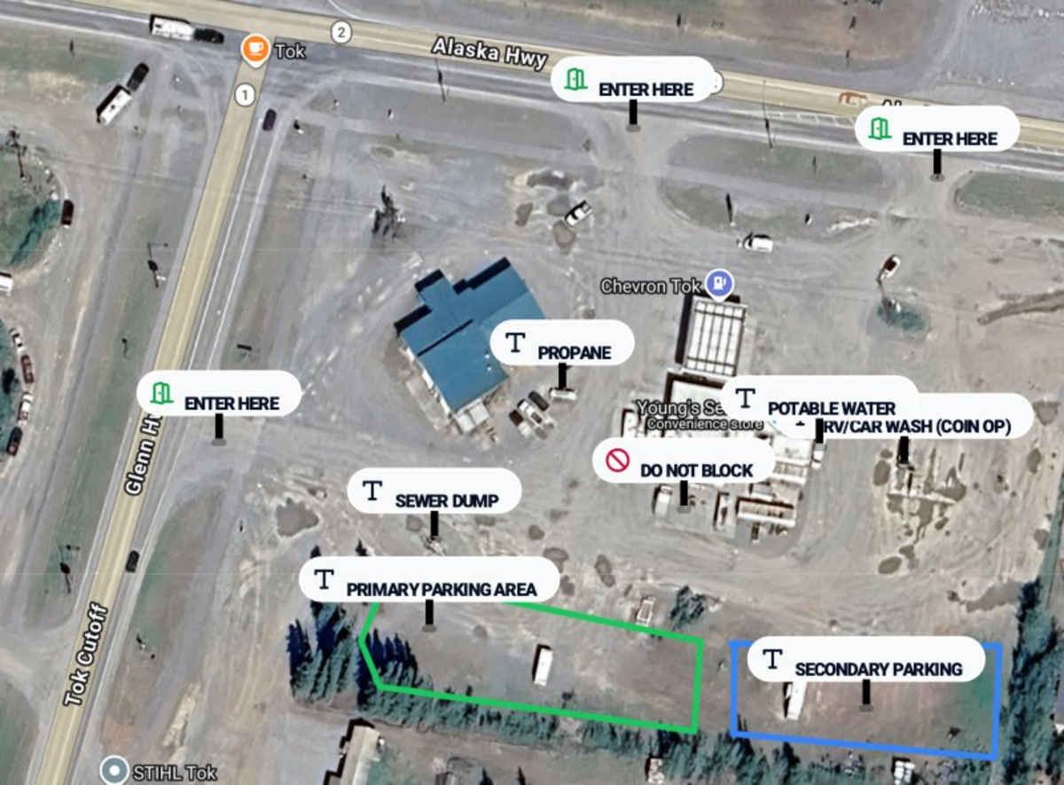 Aerial map of Tok Chevron Harvest Host showing parking areas and dump station