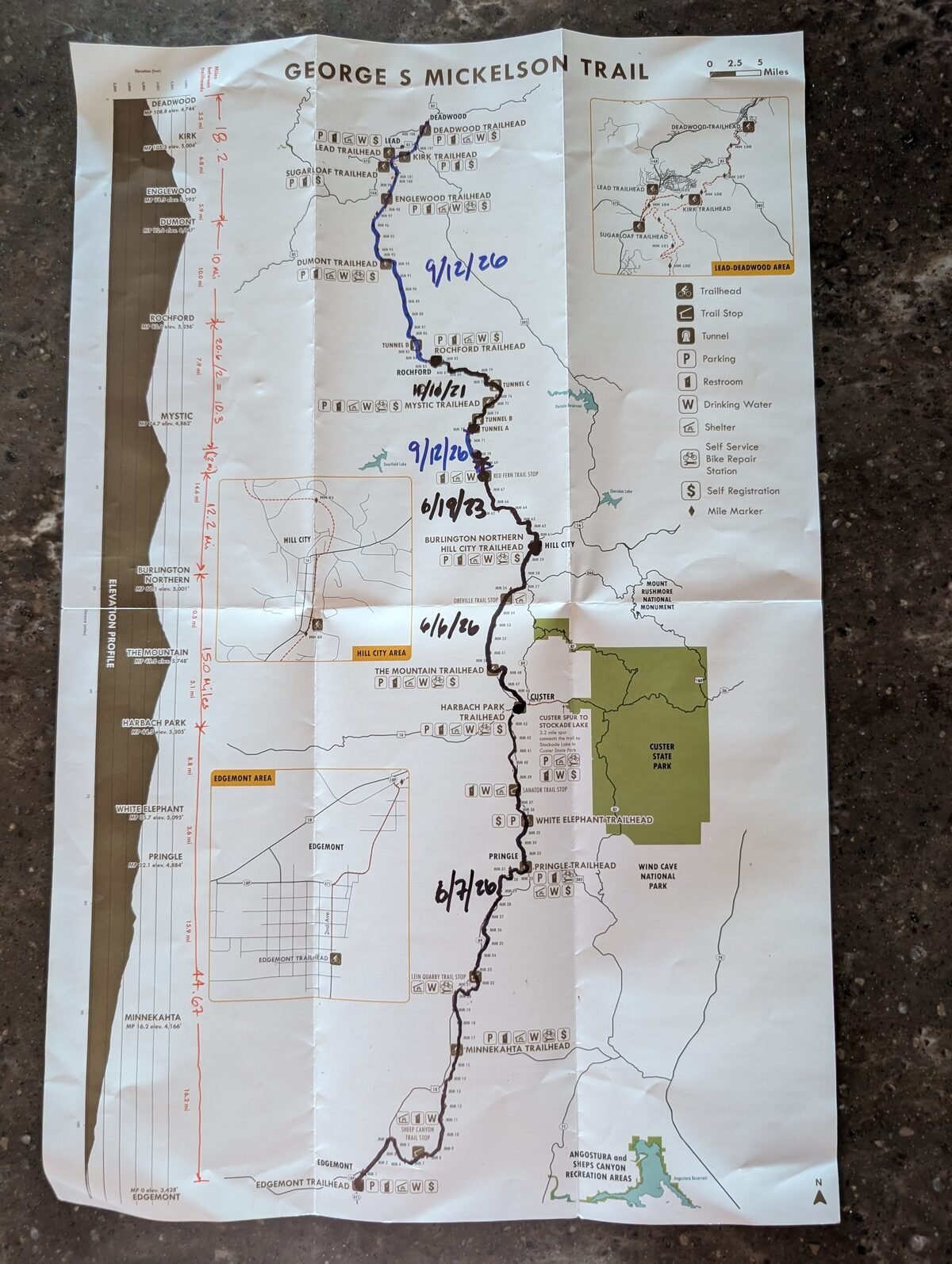 Our marked-up trail map — five years of segments, finally complete