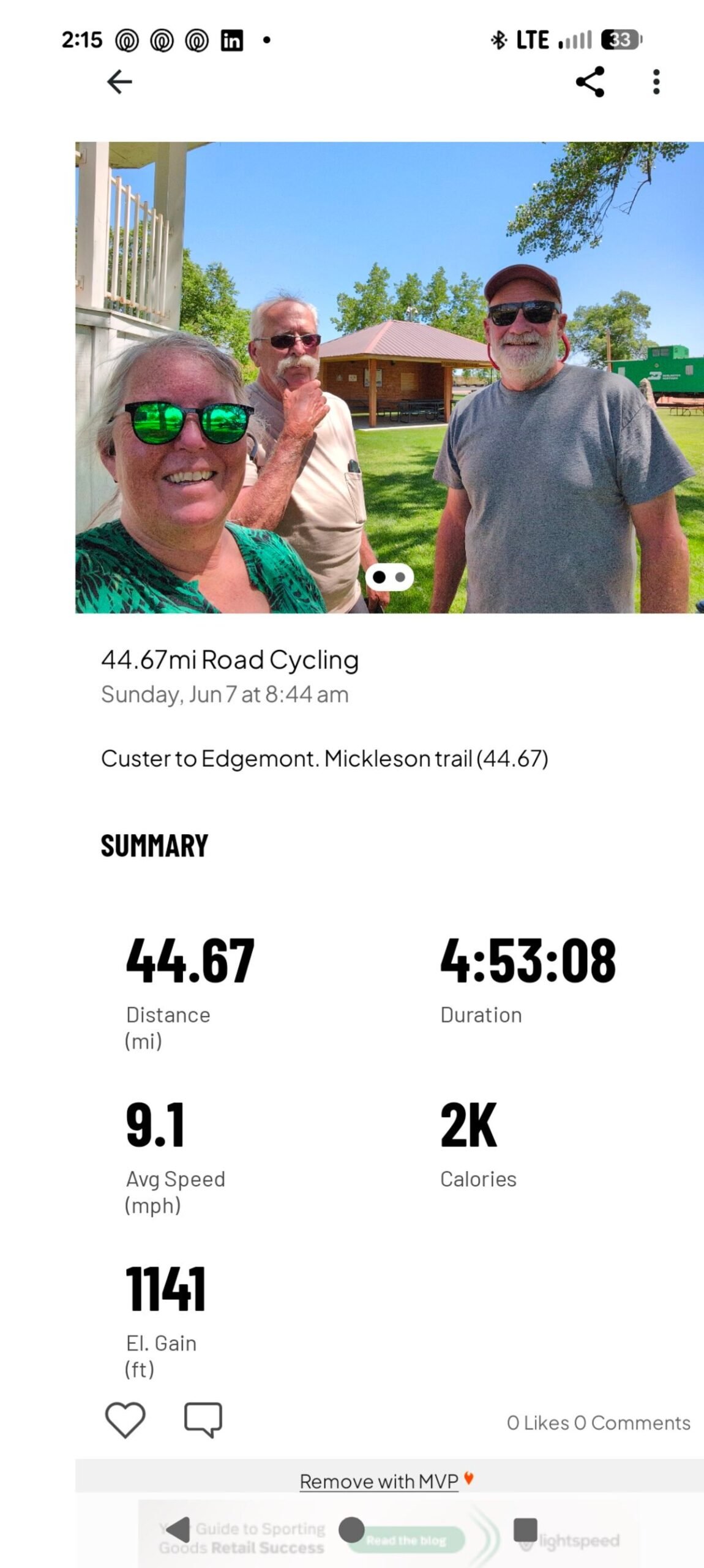 44.67 miles, nearly 5 hours, 1,141 feet of elevation gain — Custer to Edgemont